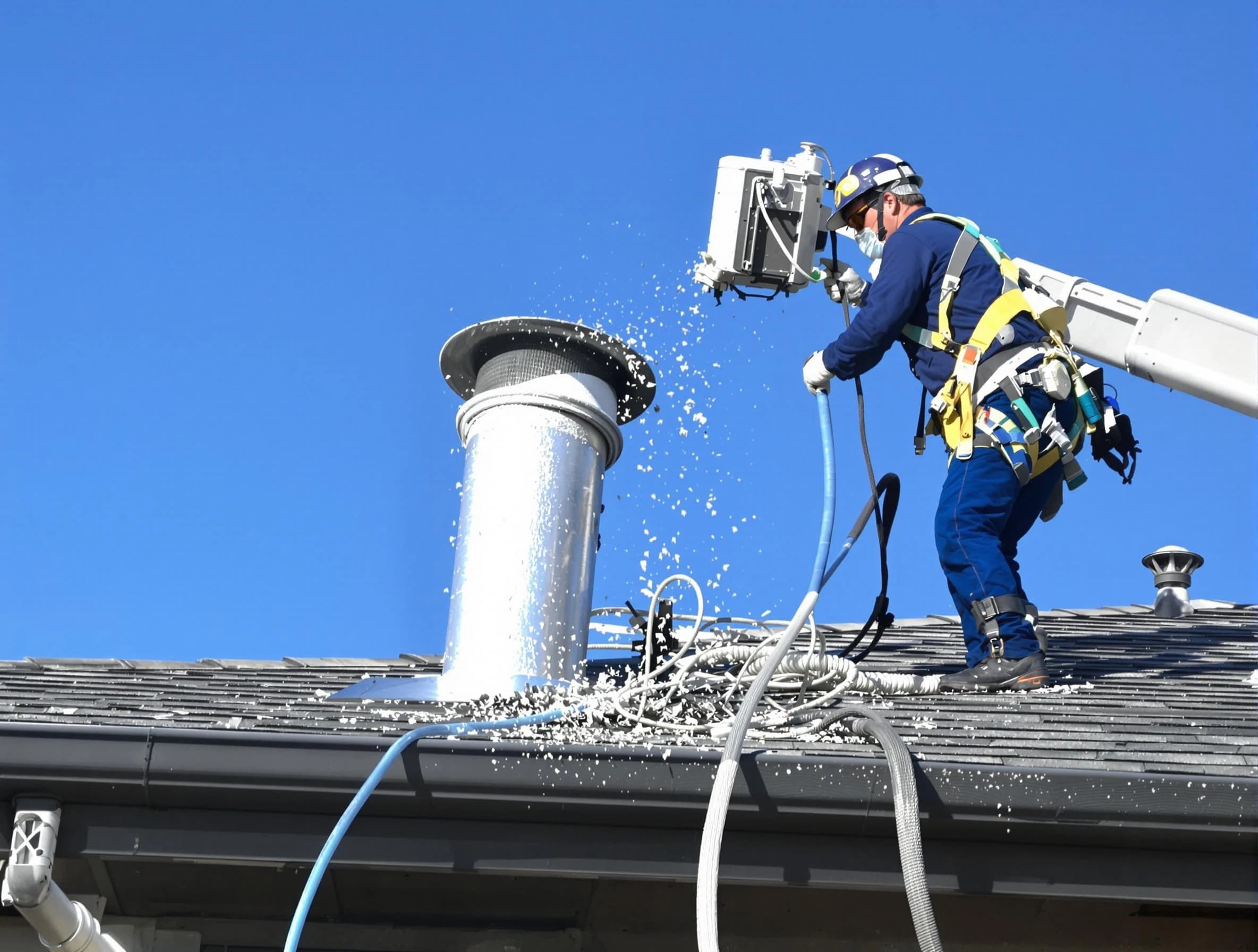 West Bountiful Dryer Vent Cleaning certified technician safely cleaning a roof-mounted dryer vent in West Bountiful