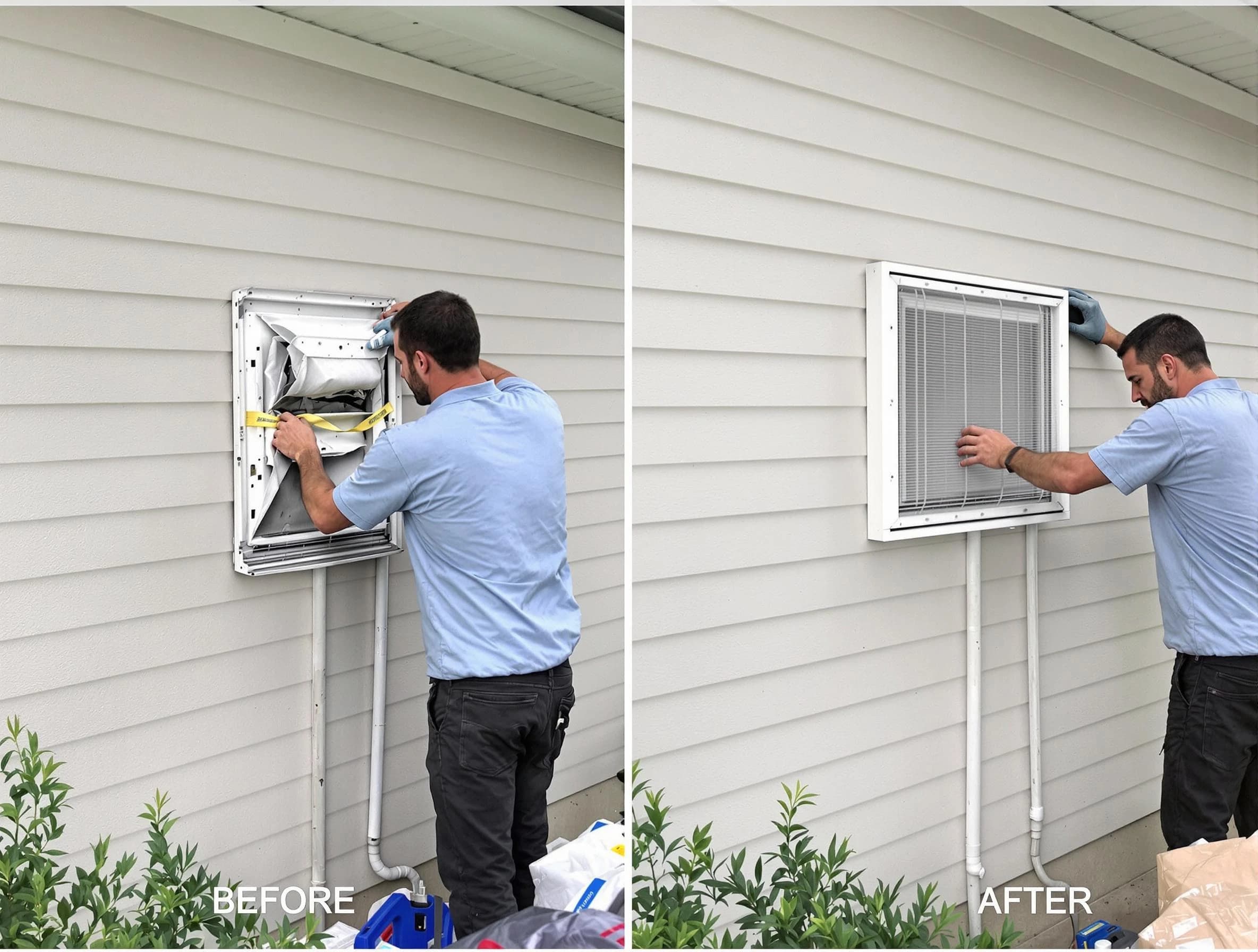 West Bountiful Dryer Vent Cleaning technician installing high-quality dryer vent cover at a residential property in West Bountiful