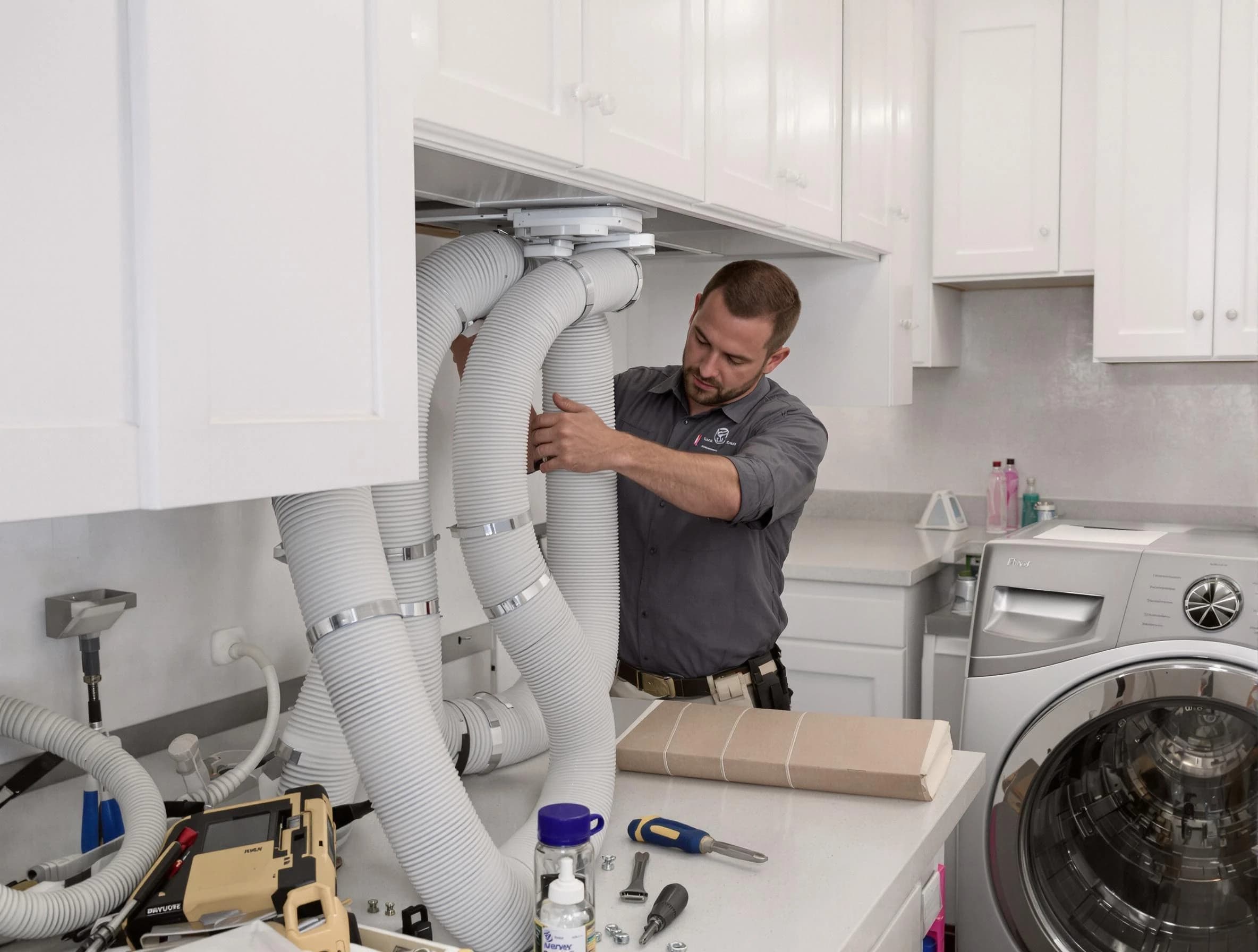 West Bountiful Dryer Vent Cleaning technician installing a new professional-grade dryer vent hose in West Bountiful